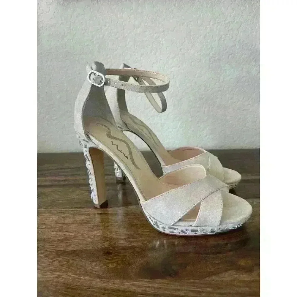 NINA FEYRA Women's Champagne glam heels open strappy Size 8, In Box 4